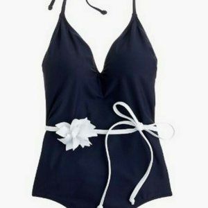 J.Crew NWOT Navy One Piece Swimsuit with White Flower Belt